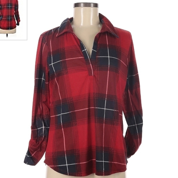 Always Indigo Red Plaid Pullover Shirt Women's Medium M Fall Rolltab Sleeve EUC - Picture 1 of 8
